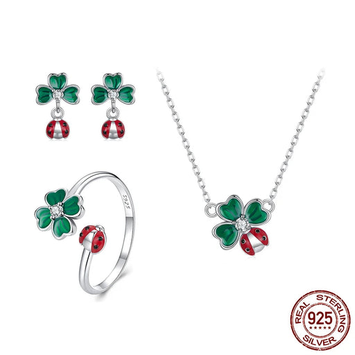 925 Sterling Silver Green Lucky Cloverleaf And Ladybug Earrings Jewelry Set On Sale