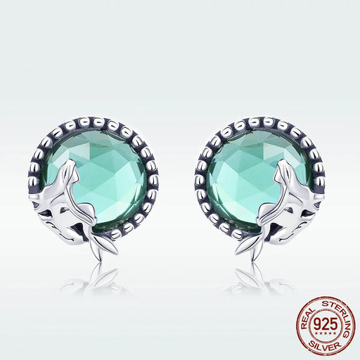 925 Sterling Silver Mermaid Light Green Glass Moon Stud Earrings On Sale
