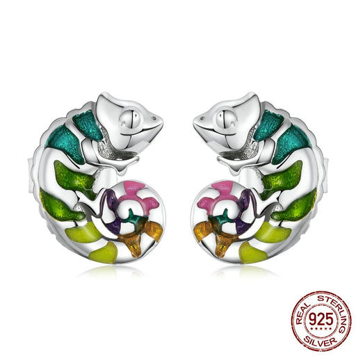 925 Sterling Silver Mini Chameleon Stud Earrings On Sale