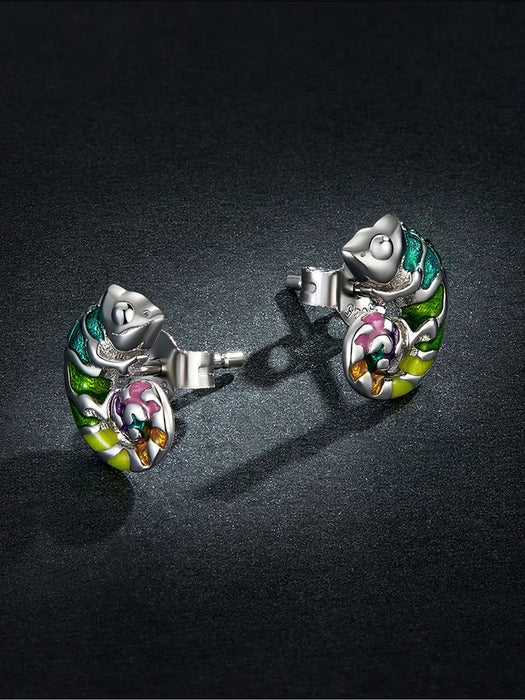925 Sterling Silver Mini Chameleon Stud Earrings On Sale