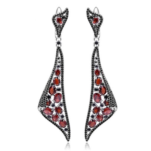 925 Sterling Silver Natural Red Garnet Gemstone Vintage Gothic Statement Drop Earrings On Sale
