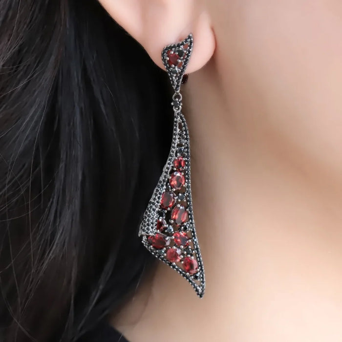 925 Sterling Silver Natural Red Garnet Gemstone Vintage Gothic Statement Drop Earrings On Sale