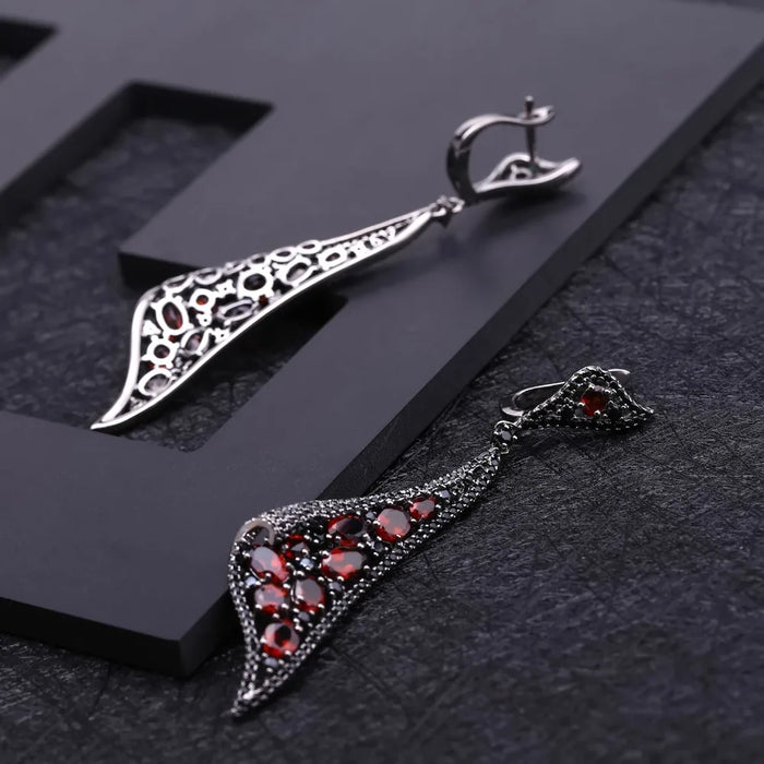 925 Sterling Silver Natural Red Garnet Gemstone Vintage Gothic Statement Drop Earrings On Sale