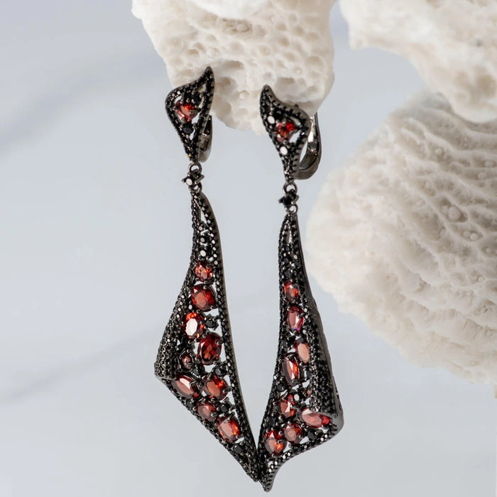 925 Sterling Silver Natural Red Garnet Gemstone Vintage Gothic Statement Drop Earrings On Sale