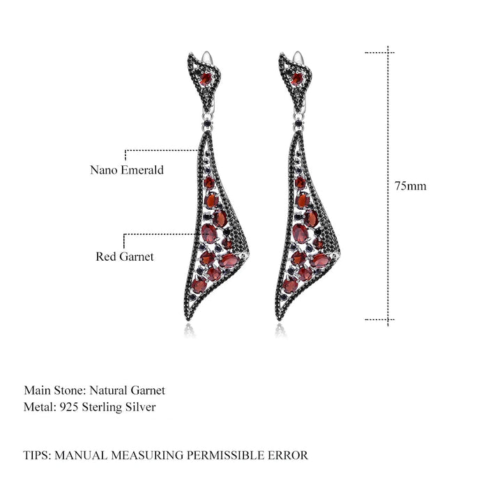 925 Sterling Silver Natural Red Garnet Gemstone Vintage Gothic Statement Drop Earrings On Sale