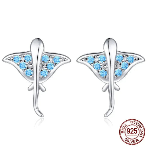 925 Sterling Silver Ocean Blue Devil Ray Stud Earrings On Sale