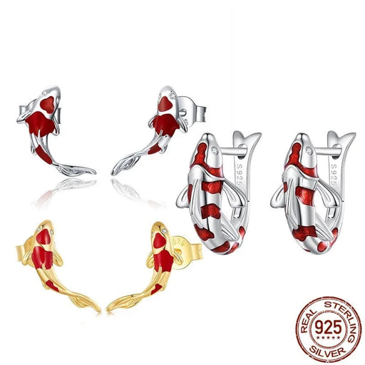 925 Sterling Silver Plated White Gold Lucky Koi Fish Buckle Up Earrings Set On Sale