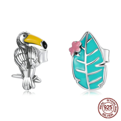 925 Sterling Silver Tropical Bird And Leaf Stud Earrings On Sale