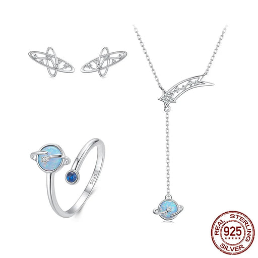 925 Sterling Silver White Gold Plated Blue Opal Planet Open Ring, Pendant Necklace, and Milky Way Stud Earrings Jewelry Sets On Sale