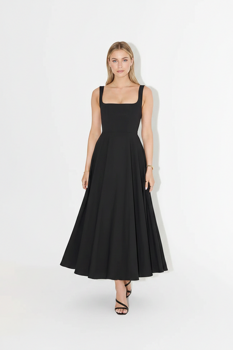Elegant High-Waisted Squared Neckline Sleeveless A-line Sling Maxi Black Dress On Sale
