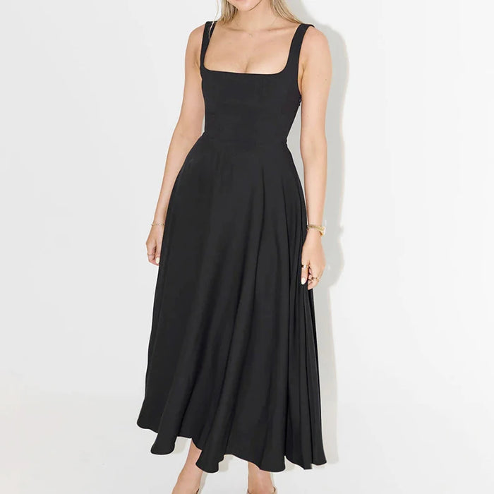 Elegant High-Waisted Squared Neckline Sleeveless A-line Sling Maxi Black Dress