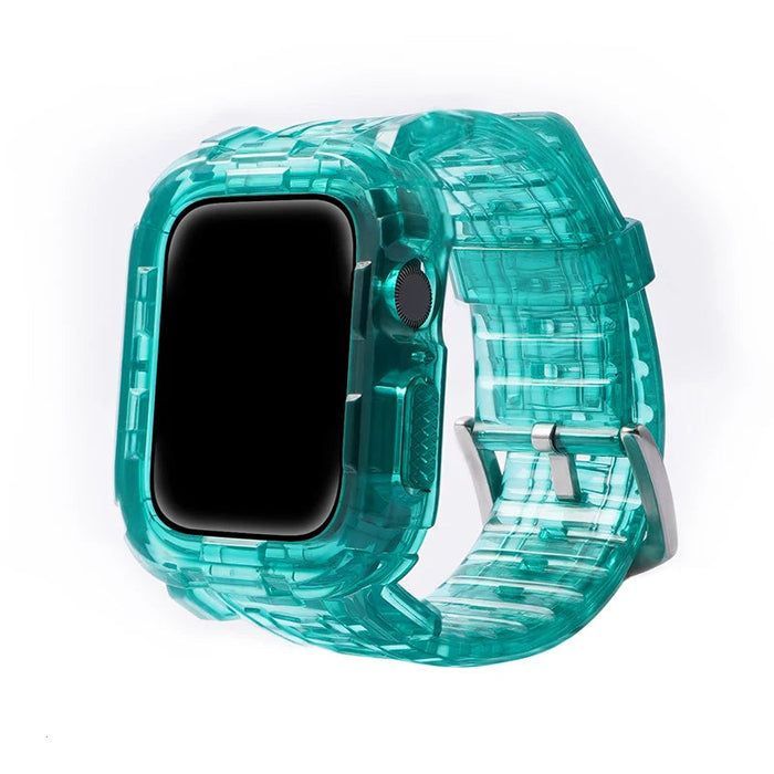 Aqua Blue Green Silver Clear iWatch Case And Silicone Straps Sets For Apple Watch Band 38mm, 40mm, 41mm, 42mm, 44mm, 45mm On Sale