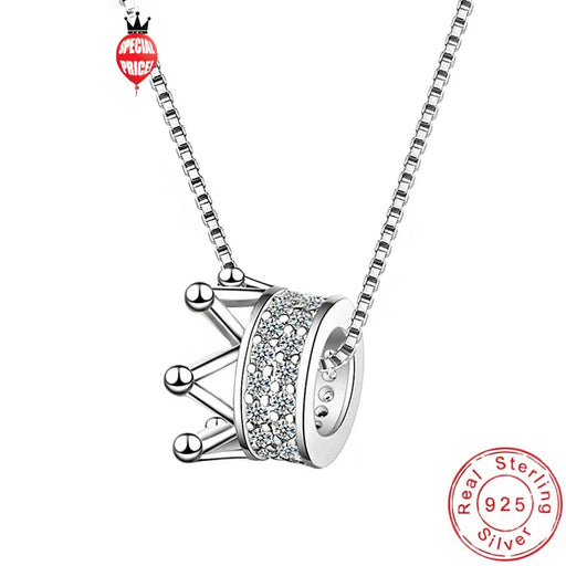 925 Sterling Silver Round Rotatable Crown CZ Rhinestone Charm Pendant Necklaces On Sale