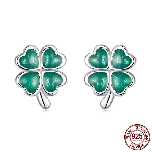 925 Sterling Silver Green Enamel Lucky Cloverleaf Earrings On Sale