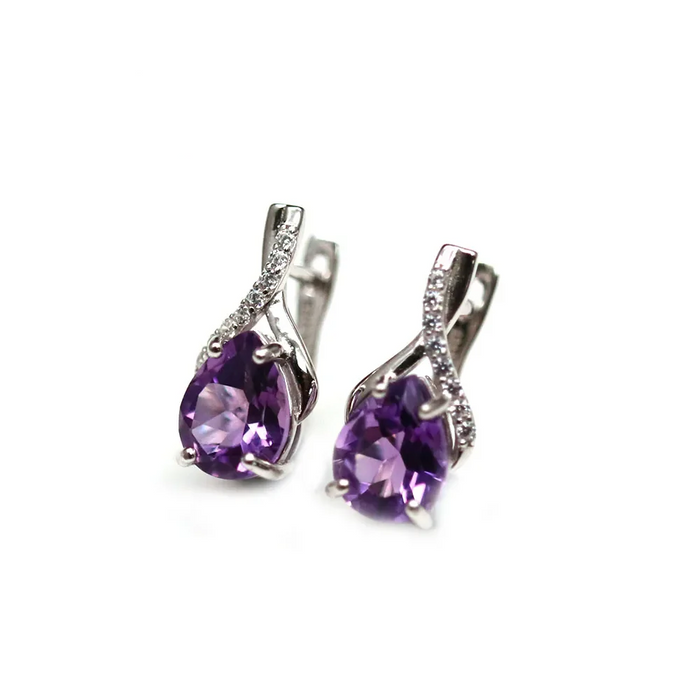 925 Sterling Silver Natural Brazilian Amethyst Crystal Clasp Earrings On Sale