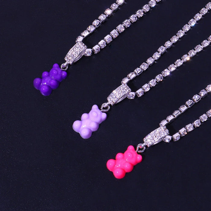 Teddy Gummy Bear Pendant Crystal Rhinestone Tennis Chain Choker Necklace On Sale