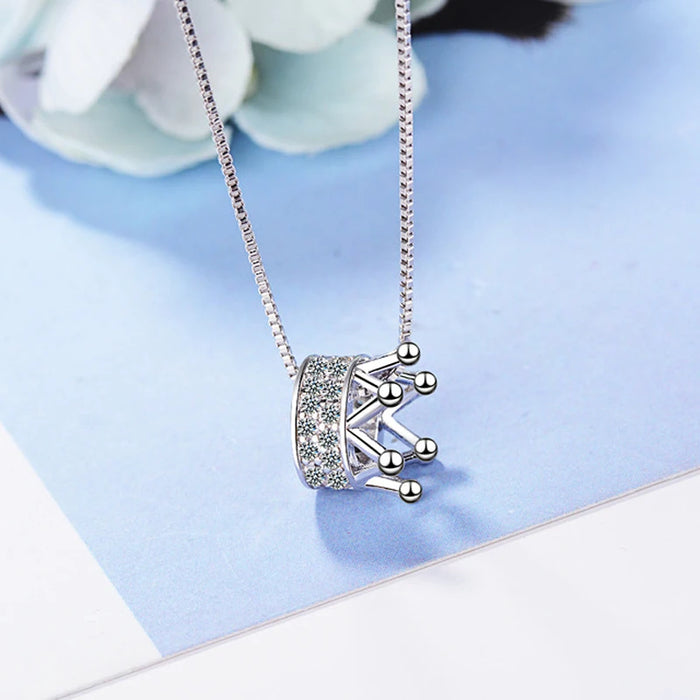 925 Sterling Silver Round Rotatable Crown CZ Rhinestone Charm Pendant Necklaces On Sale