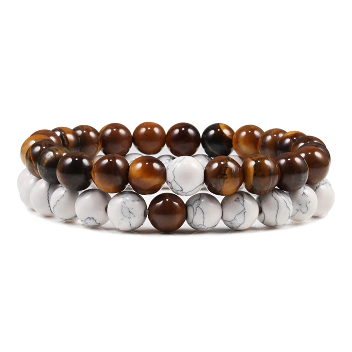 1 Set Natural Tiger Eye And White Howlite Stone Couple Bracelets On Sale