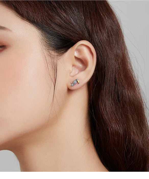 925 Sterling Silver Tropical Bird And Leaf Stud Earrings On Sale