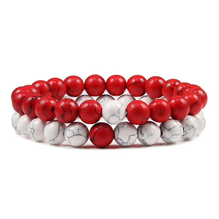 1 Set Natural Red Howlite And White Howlite Stone Couple Bracelets On Sale