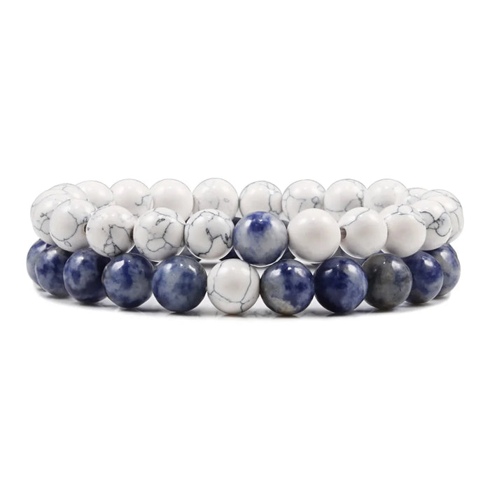 1 Set Natural White Howlite And Blue Agate Stone Couple Bracelets On Sale