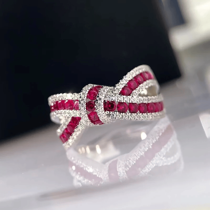 925 Sterling Silver Natural Ruby Red Bow Gemstone Ring On Sale