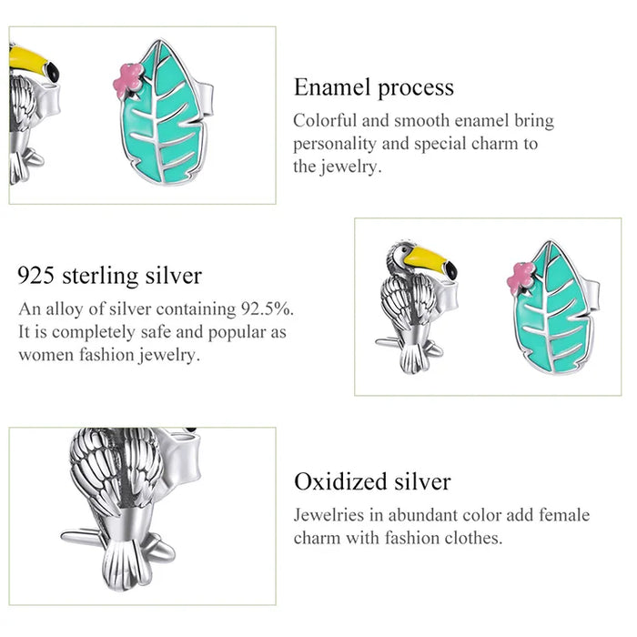 925 Sterling Silver Tropical Bird And Leaf Stud Earrings On Sale