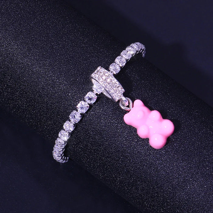 Pink Teddy Gummy Bear Crystal Rhinestone Tennis Chain Bracelet On Sale