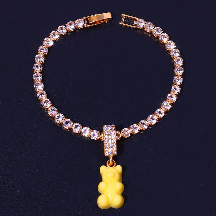 Yellow Teddy Gummy Bear Crystal Rhinestone Tennis Chain Bracelet On Sale