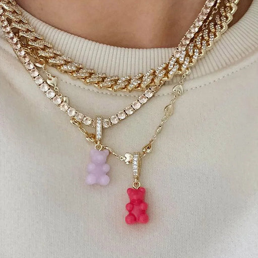 Teddy Gummy Bear Pendant Crystal Rhinestone Tennis Chain Choker Necklace On Sale