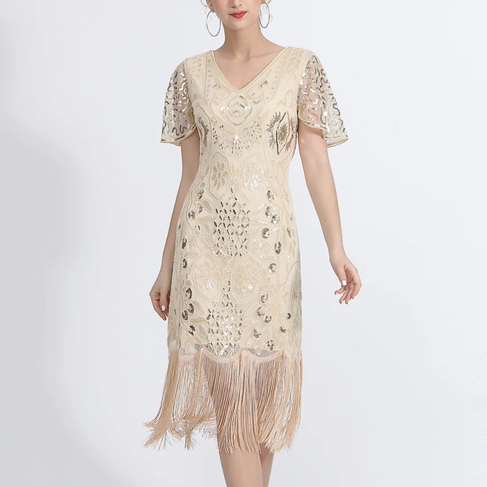 1920s Gatsby Style V-Neck Petal Sleeves Beige Embroidery Sequin Fringe Flapper Midi Dress On Sale