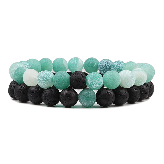 1 Set Green Weathered Stone And Lava Stone Couple Bracelets On Sale