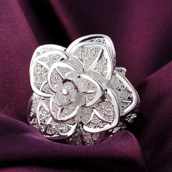925 Sterling Silver Plated Flower Blossom Charm Ring On Sale