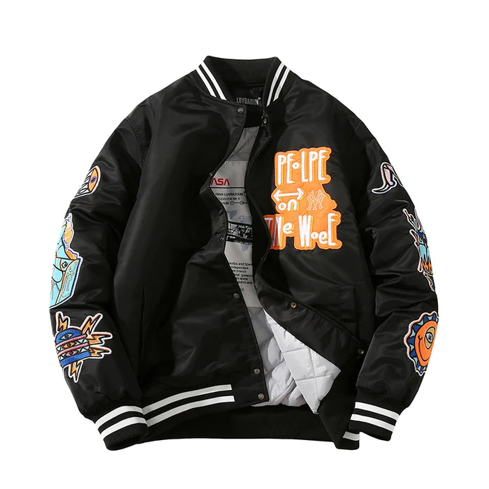Unisex Embroidered Varsity Jacket In Black – Retro Pattern Patch Baseball Style Coat for Men and Women On Sale