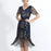 1920s Gatsby Style V-Neck Petal Sleeves Royal Blue Embroidery Sequin Fringe Flapper Midi Dress On Sale