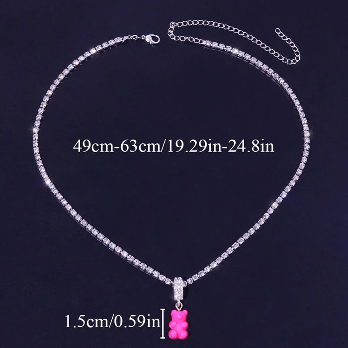 Size Measurement Of Teddy Gummy Bear Pendant Crystal Rhinestone Tennis Chain Choker Necklace