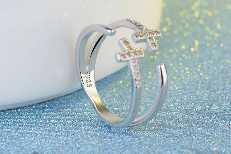 925 sterling silver adjustable double cross ring silver color on sale