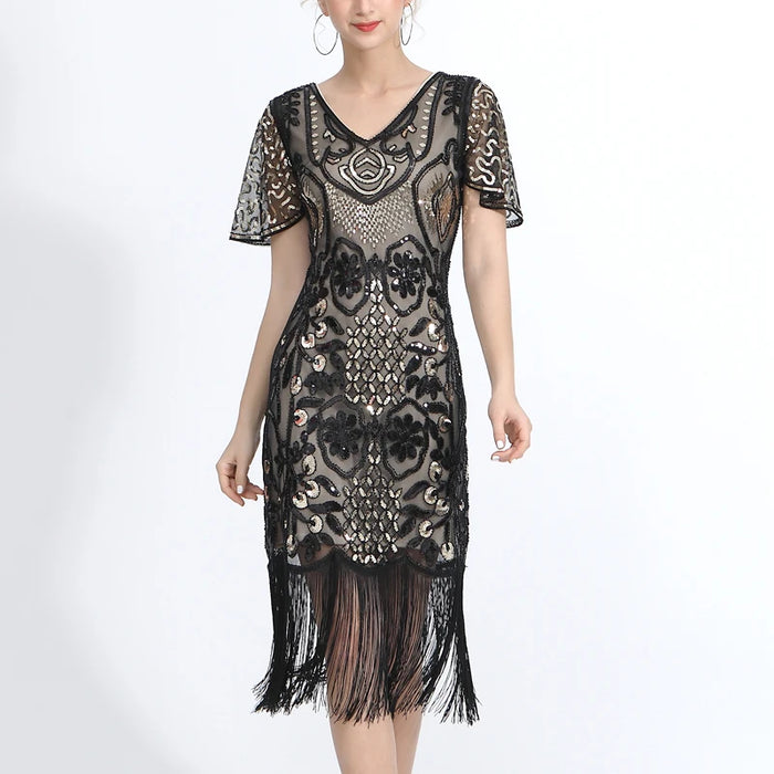 1920s Gatsby Style V-Neck Petal Sleeves Beige With Black Embroidery Sequin Fringe Flapper Midi Dress On Sale