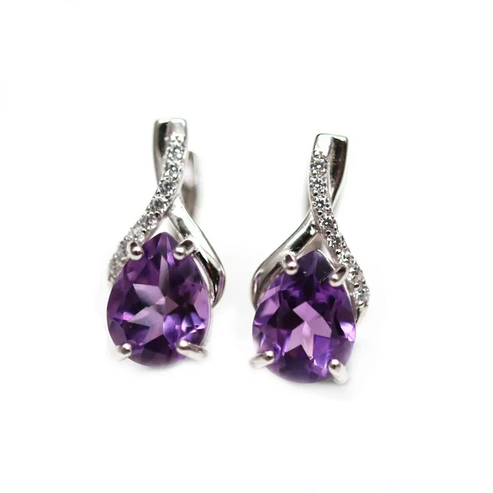 925 Sterling Silver Natural Brazilian Amethyst Crystal Clasp Earrings On Sale