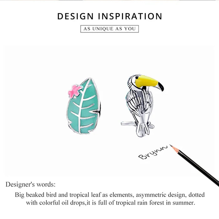 925 Sterling Silver Tropical Bird And Leaf Stud Earrings On Sale
