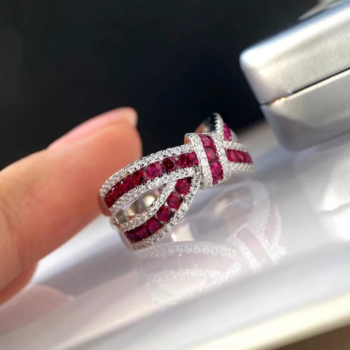 925 Sterling Silver Natural Ruby Red Bow Gemstone Ring On Sale