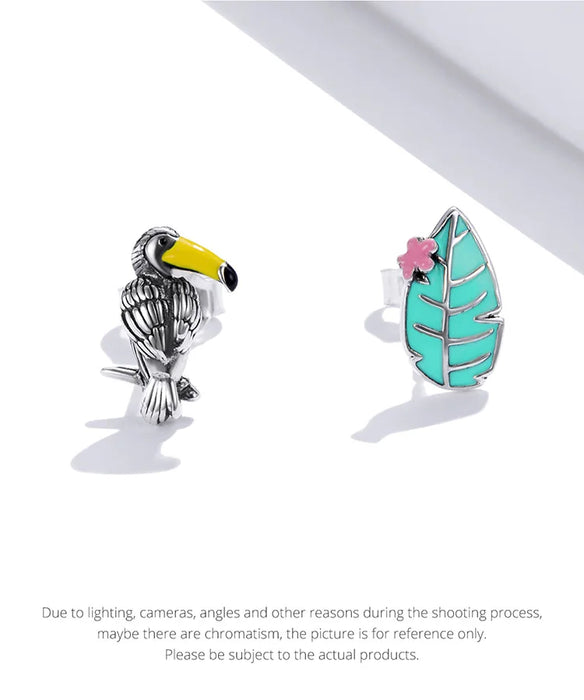 925 Sterling Silver Tropical Bird And Leaf Stud Earrings On Sale