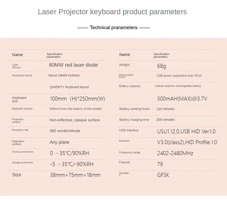 Technical specifications of a laser projector keyboard