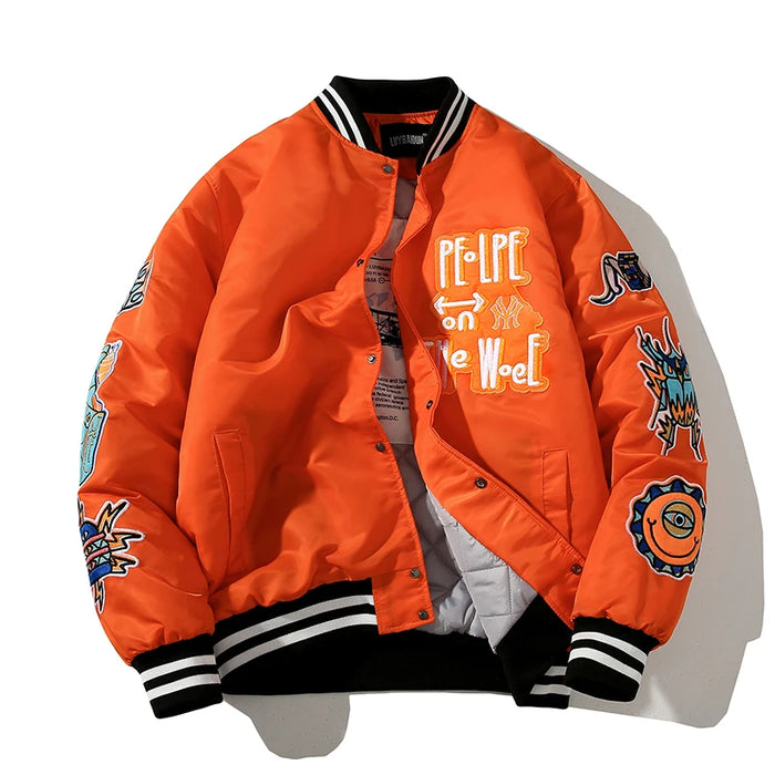 Unisex Embroidered Varsity Jacket In Orange – Retro Pattern Patch Baseball Style Coat for Men and Women On Sale