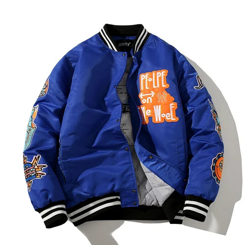 Unisex Embroidered Varsity Jacket In Blue – Retro Pattern Patch Baseball Style Coat for Men and Women On Sale