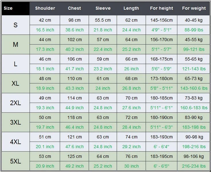 Size Chart For Reflective Cycling Windbreaker Jacket