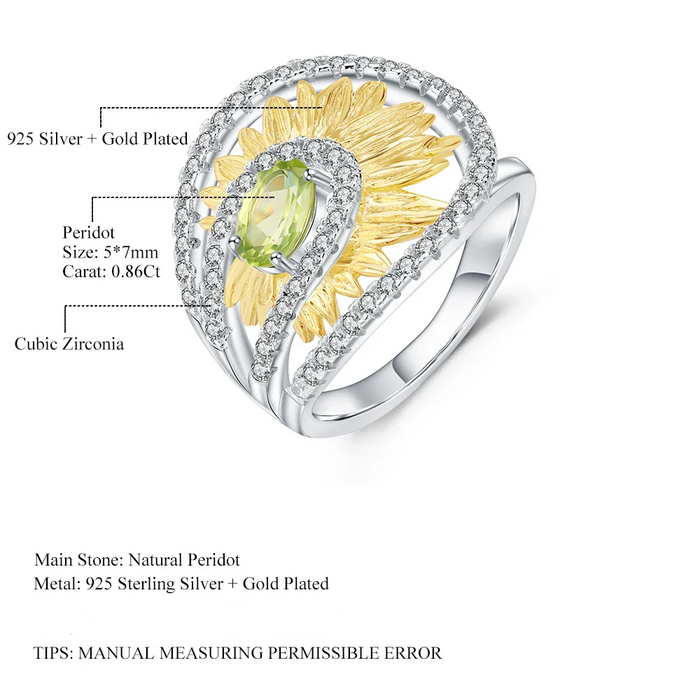 925 Sterling Silver 0.86Ct Natural Peridot Handmade Sunflower Ring On Sale