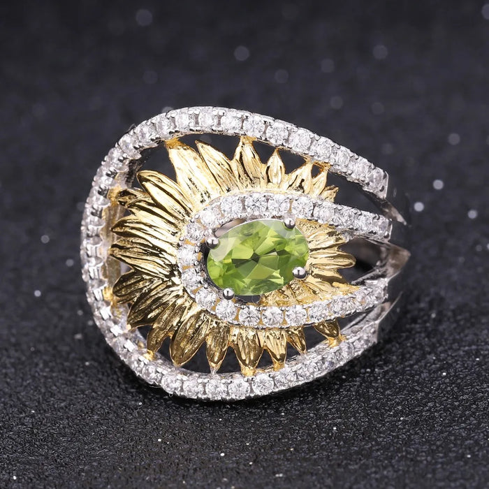 925 Sterling Silver 0.86Ct Natural Peridot Handmade Sunflower Ring On Sale