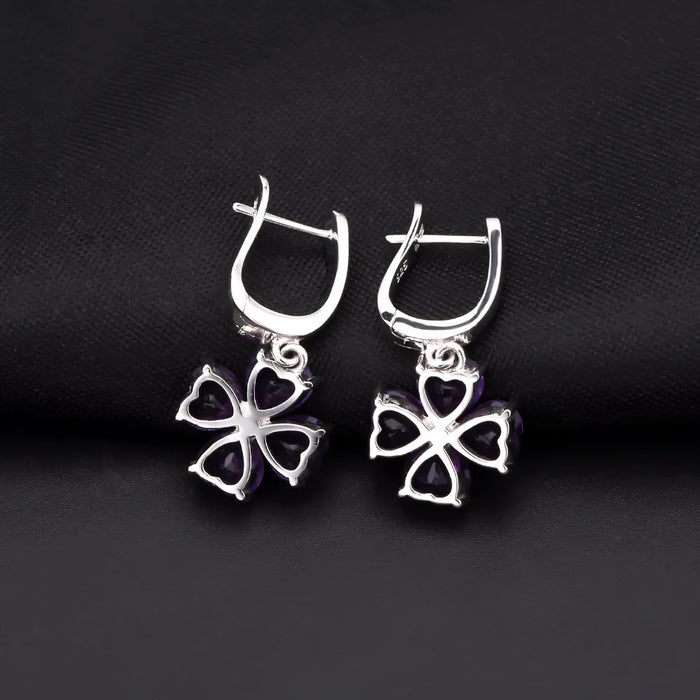 925 Sterling Silver Natural Amethyst Crystal Clover Clip Earrings On Sale
