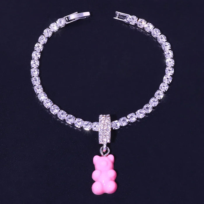 Pink Teddy Gummy Bear Crystal Rhinestone Tennis Chain Bracelet On Sale